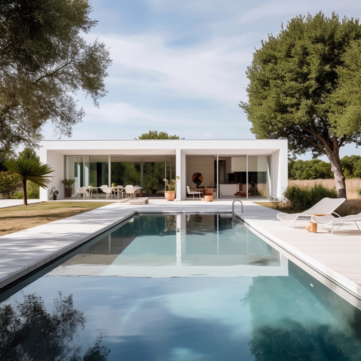 Villa contemporaine blanche avec piscine et terrasse en bois